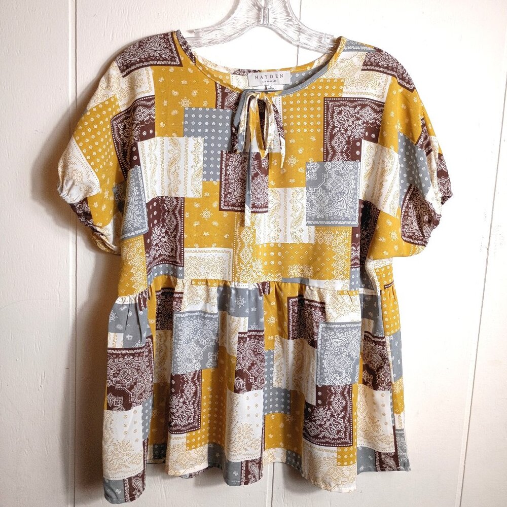 Hayden Womens S Mustard Brown Blue Bandana Patchwork Empire Waist Top Western